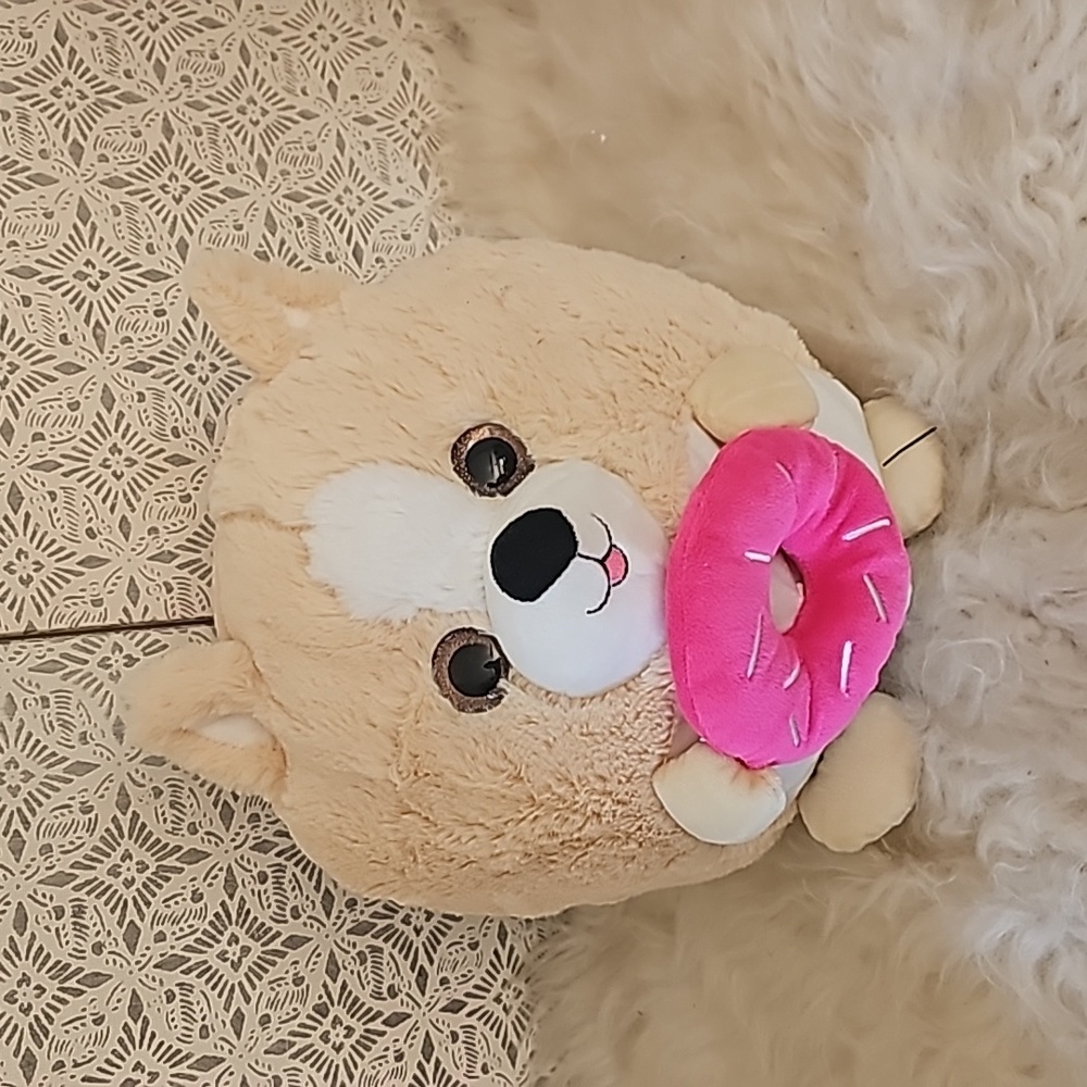 Hug fun round plush stuffed Corgi puppy dog holding donut big eyes